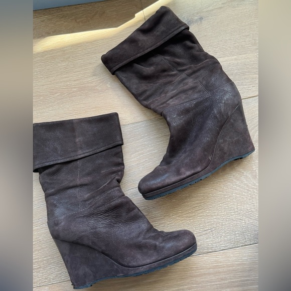 Prada Fold Over Cuffs Leather Wedge Bootie in Chocolate Brown - Picture 4 of 10